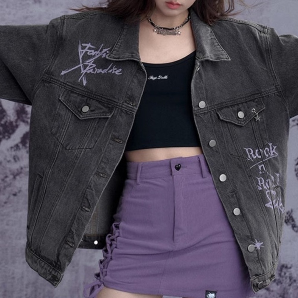 Black Denim Jean Jacket with Graphic Design
